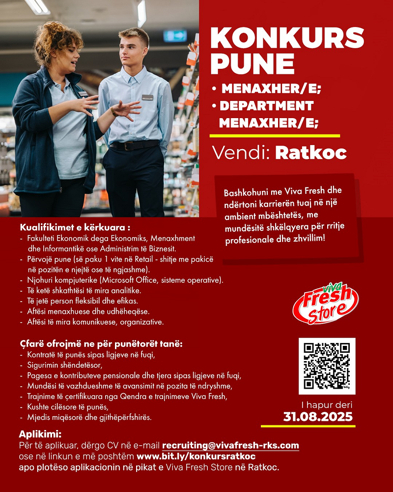 Menaxher/e, Department Menaxher/e - Ratkoc (Rahovec)